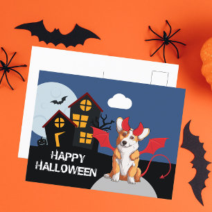 Cute Halloween Corgi Djävulen Costume Haunted Hous Vykort