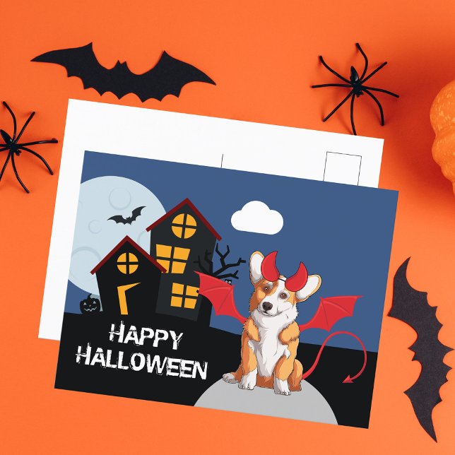 Cute Halloween Corgi Djävulen Costume Haunted Hous Vykort (Skapare uppladdad)