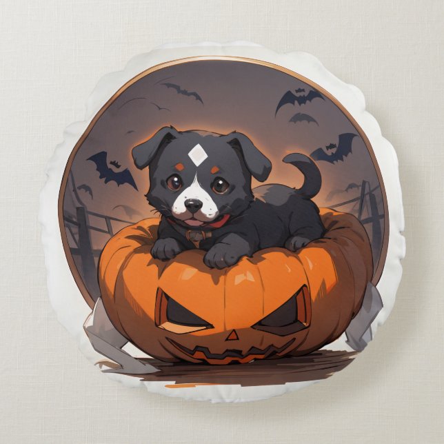 Cute Halloween cosplay puppy round cushion Rund Kudde (Framsidan)