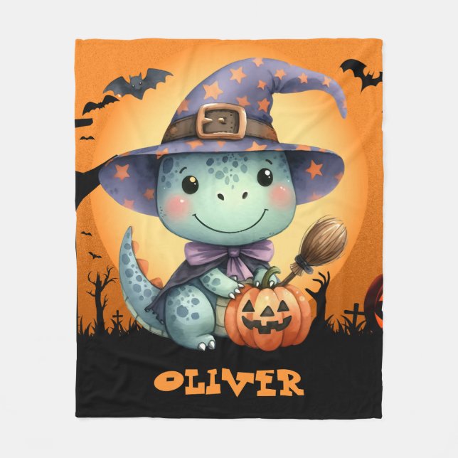 Cute Halloween Dinosaur som har ett Witch Hat Fleecefilt (Framsidan)