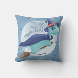 Cute Halloween Dinosaur Witch Måne som flyger Flad Kudde