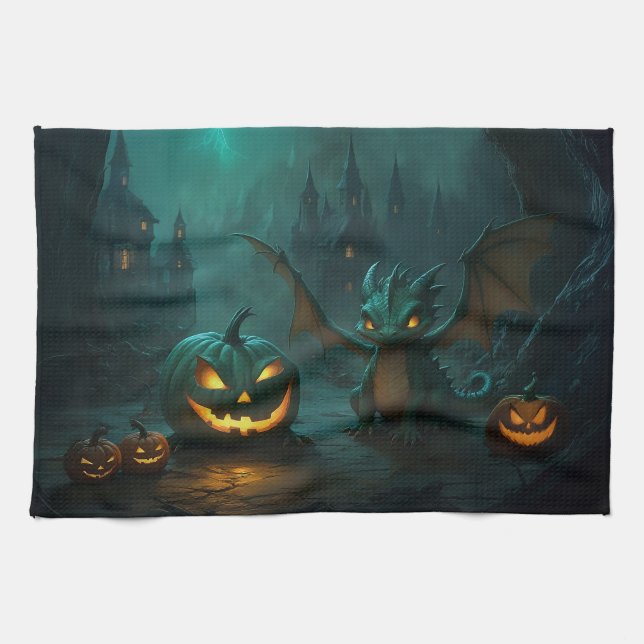 Cute Halloween Dragon med Scary Pumpkins Kökshandduk (Horisontell)