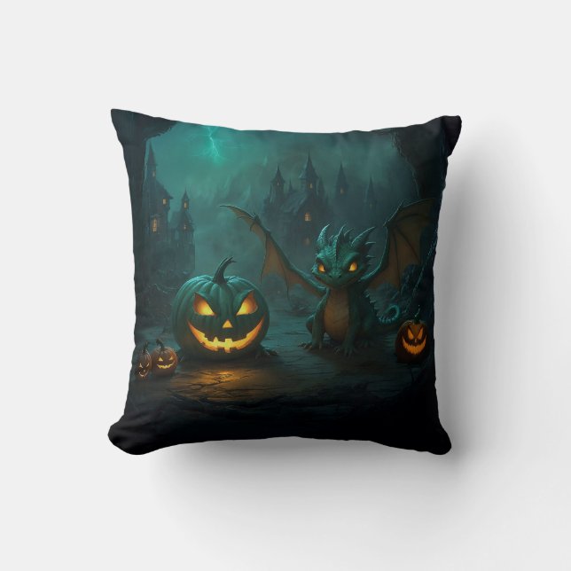 Cute Halloween Dragon med Scary Pumpkins Kudde (Framsida)