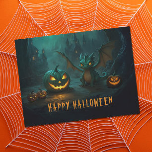 Cute Halloween Dragon med Scary Pumpkins Vykort