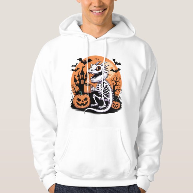 Cute Halloween Dragon Skeleton med kaffe Hoodie (Framsida)