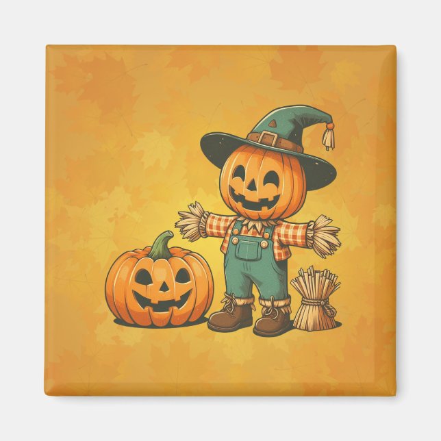 Cute Halloween/Fall-fågelskrämma och pumpa Magnet (Framsidan)