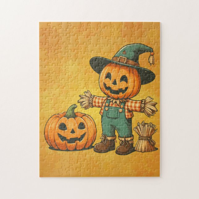 Cute Halloween/Fall-fågelskrämma och pumpa Pussel (Vertikal)