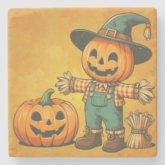 Cute Halloween/Fall-fågelskrämma och pumpa Stenunderlägg (Framsidan)