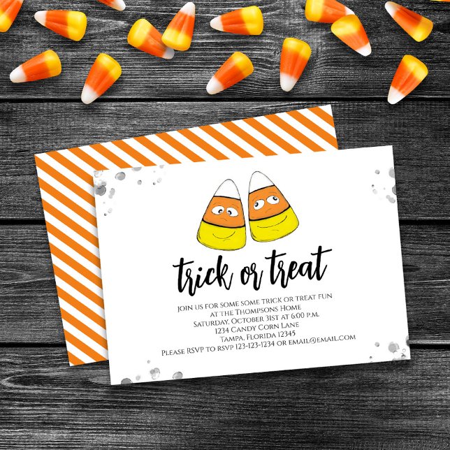 Cute Halloween fest Bus eller godis Candy Inbjudningar (Cute trick or treat candy corn Halloween invitation. )