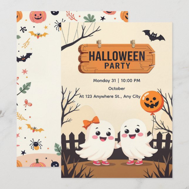 Cute Halloween fest-inbjudan - Friendly Spöken Inbjudningar (Fram/baksida)