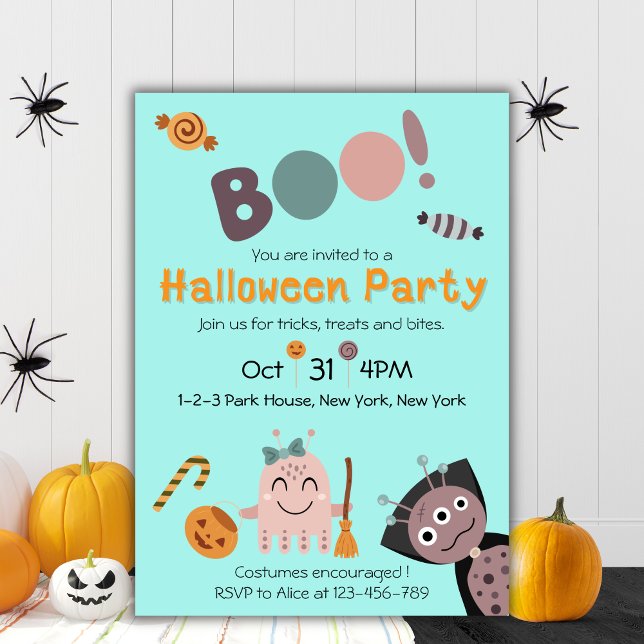 Cute Halloween fest Inbjudningar (Kids Halloween Party Invitation, Cute Monsters)