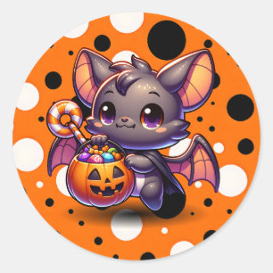 Cute Halloween Fladdermus med Pumpkin Basket Runt Klistermärke