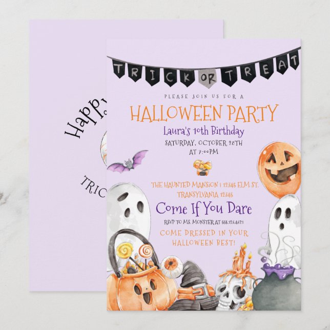 Cute Halloween-födelsedagsinbjudan Inbjudningar (Fram/baksida)