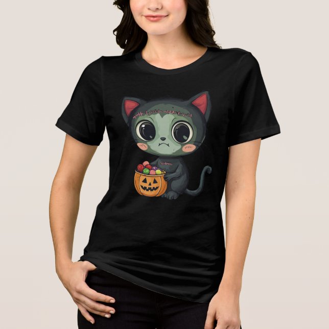 Cute Halloween Frankenstein Cat T-Shirt (Framsida)