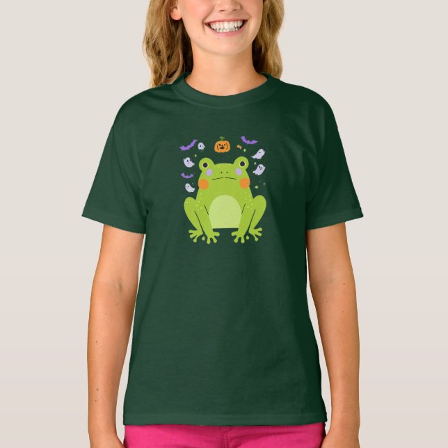 Cute Halloween Frog med Ghost-vänner T Shirt (Framsida)