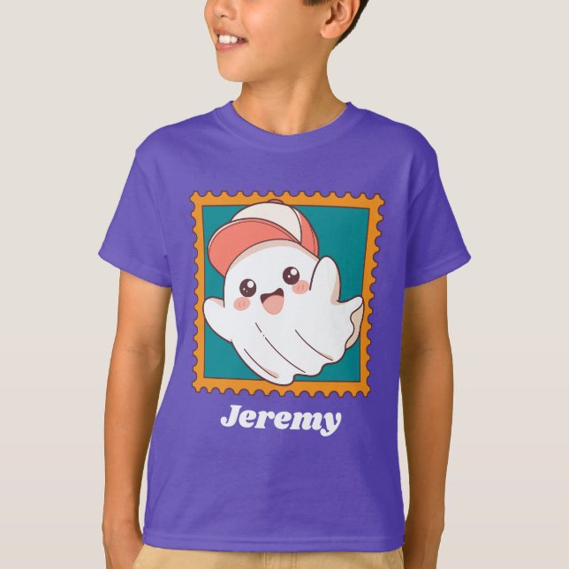 Cute Halloween Ghost Baseball Cap Kids Name T Shirt (Framsida)