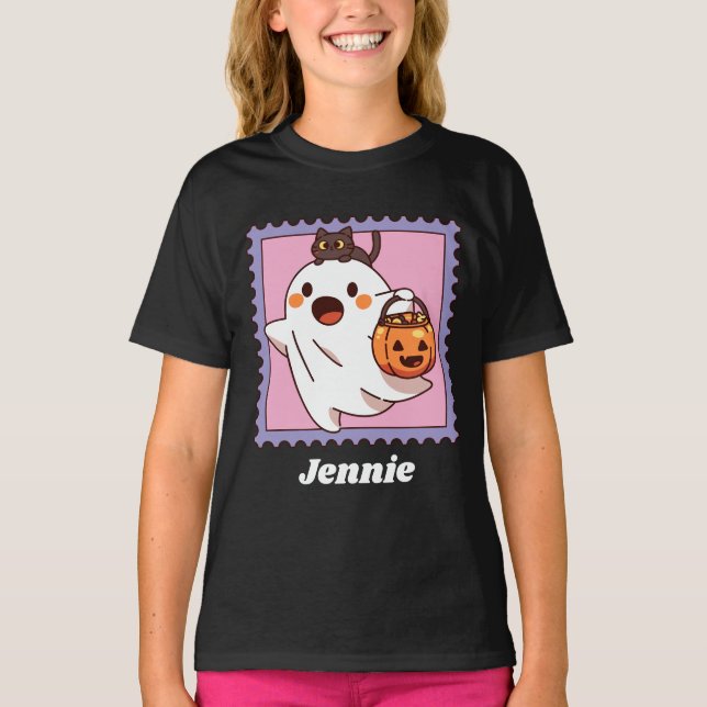 Cute Halloween Ghost Black Cat Pumpkin Add Name T Shirt (Framsida)