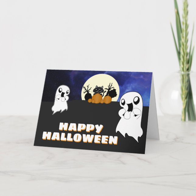 Cute Halloween Ghost Black Cat Spooky Kort (Framsida)