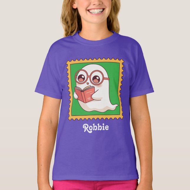 Cute Halloween Ghost Book Lover Reading Kids T Shirt (Framsida)