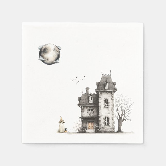Cute Halloween Ghost & Cat med hemlig mansion Pappersservett (Framsidan)