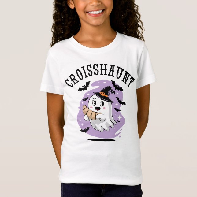 Cute Halloween Ghost Croissant Haunting T Shirt (Framsida)