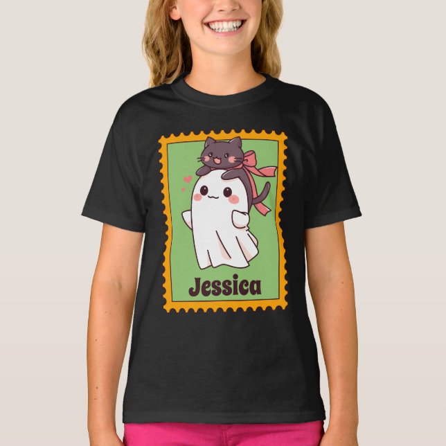 Cute Halloween Ghost Custom Name Stamp T Shirt (Framsida)