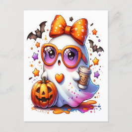 Cute Halloween Ghost Drink Pumpkin Spooky 2025 Helg Vykort