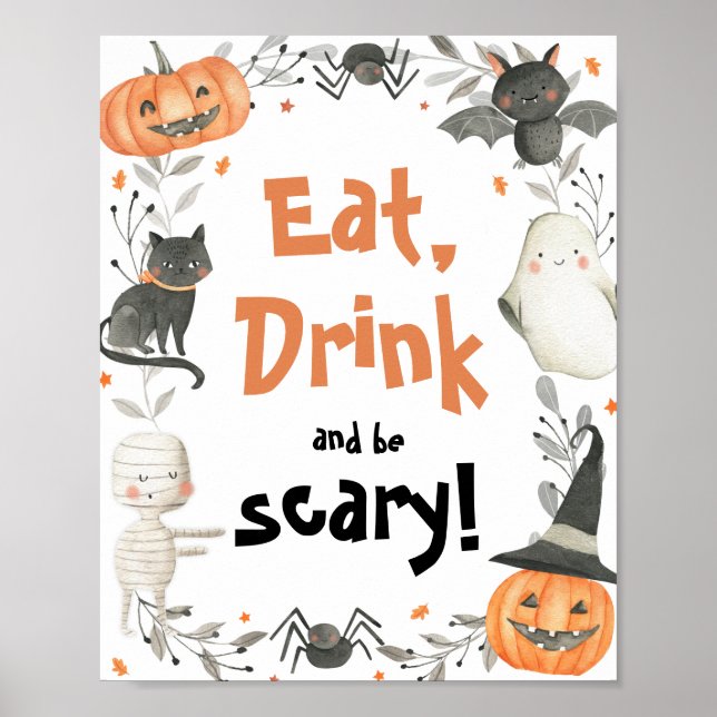Cute Halloween Ghost Eat Drink be Scary Party Sign Poster (Framsidan)