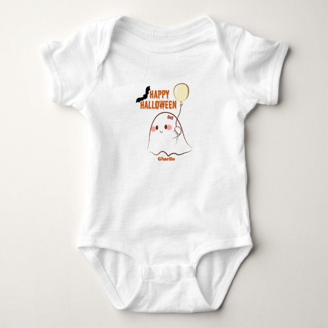 Cute Halloween Ghost Holding Balloon Girl's Namn T Shirt (Framsida)