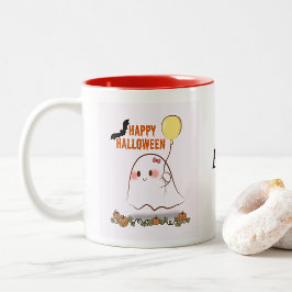 Cute Halloween Ghost Holding Balloon Två-Tonad Mugg