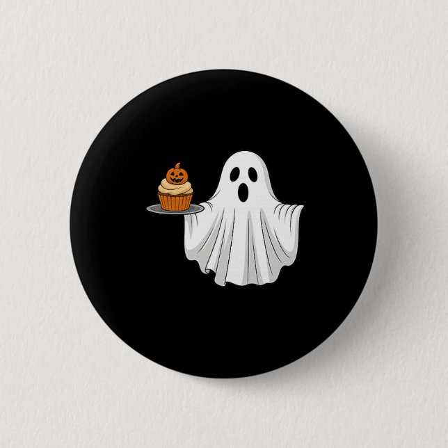 Cute Halloween Ghost Holding Pumpkin Cupkake Pocke Knapp (Framsida)