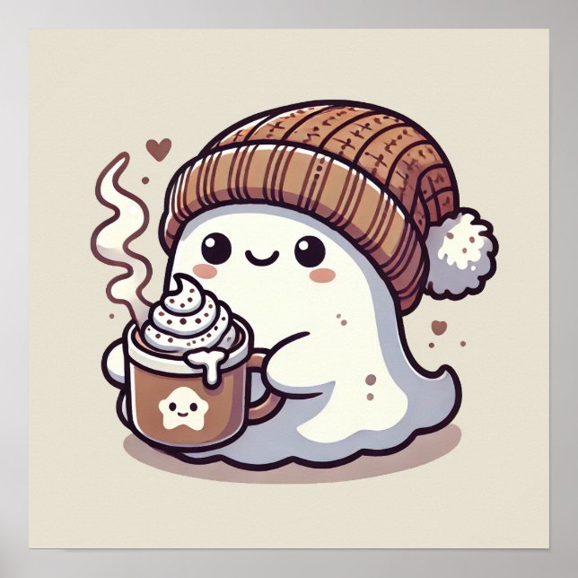 Cute Halloween Ghost i Fall Beanie & Hett Cocoa Poster (Framsidan)