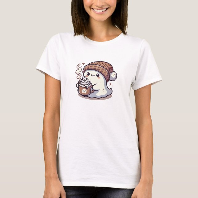 Cute Halloween Ghost i Fall Beanie & Hett Cocoa T Shirt (Framsida)