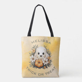 Cute Halloween Ghost i Flower Patch med Pumpkin Tygkasse