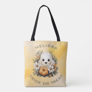 Cute Halloween Ghost i Flower Patch med Pumpkin Tygkasse