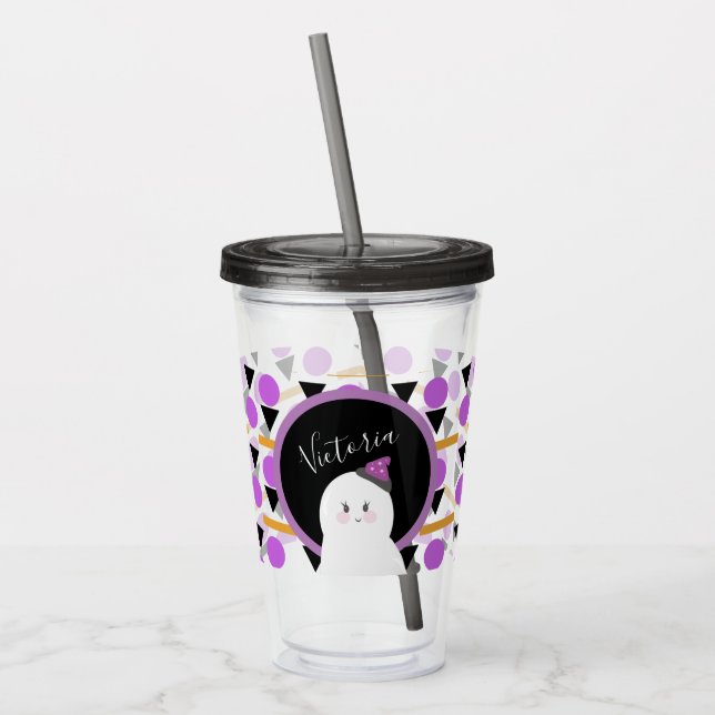 Cute Halloween Ghost Lila Namn Acrylic Tumbler Take Away Mugg (Vänster)