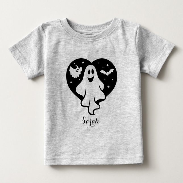Cute Halloween Ghost med hjärta och Fladdermus T Shirt (Framsida)