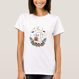 Cute Halloween Ghost med Pumpkin & Flower T-Shirt