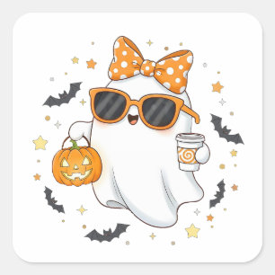 Cute Halloween Ghost med Pumpkin Fyrkantigt Klistermärke
