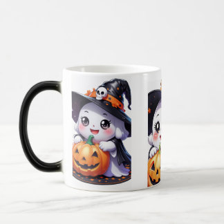 Cute Halloween Ghost med Pumpkin Magisk Mugg