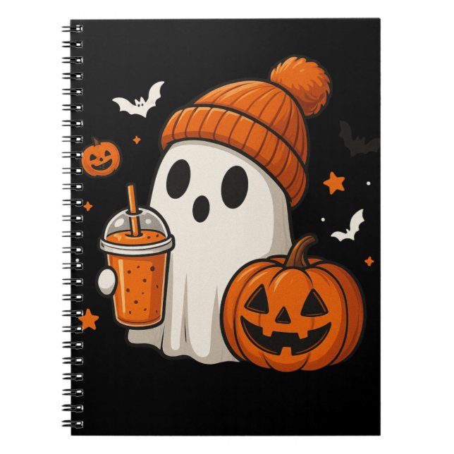 Cute Halloween Ghost med Pumpkin och Drink Anteckningsbok (Framsidan)