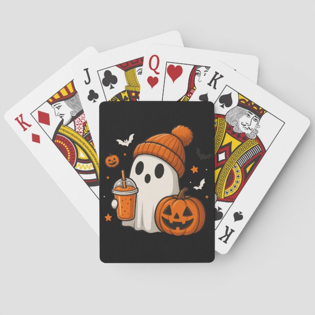 Cute Halloween Ghost med Pumpkin och Drink Casinokort (Baksidan)