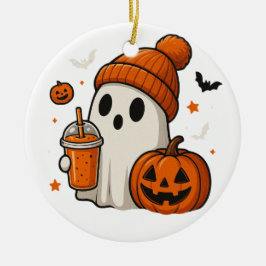 Cute Halloween Ghost med Pumpkin och Drink Julgransprydnad Keramik