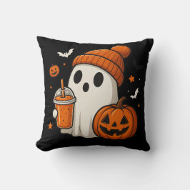 Cute Halloween Ghost med Pumpkin och Drink Kudde