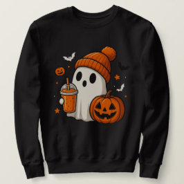 Cute Halloween Ghost med Pumpkin och Drink Lång Ärmad Tröja