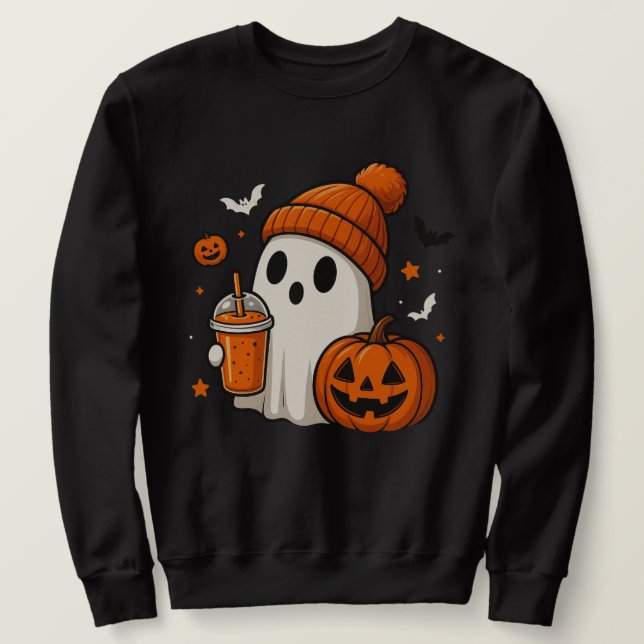 Cute Halloween Ghost med Pumpkin och Drink Lång Ärmad Tröja (Design framsida)