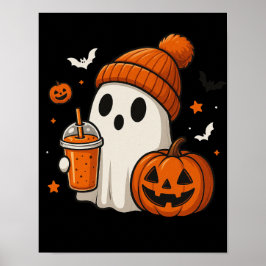 Cute Halloween Ghost med Pumpkin och Drink Poster
