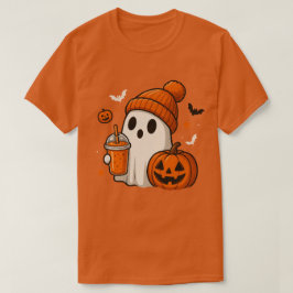Cute Halloween Ghost med Pumpkin och Drink T Shirt