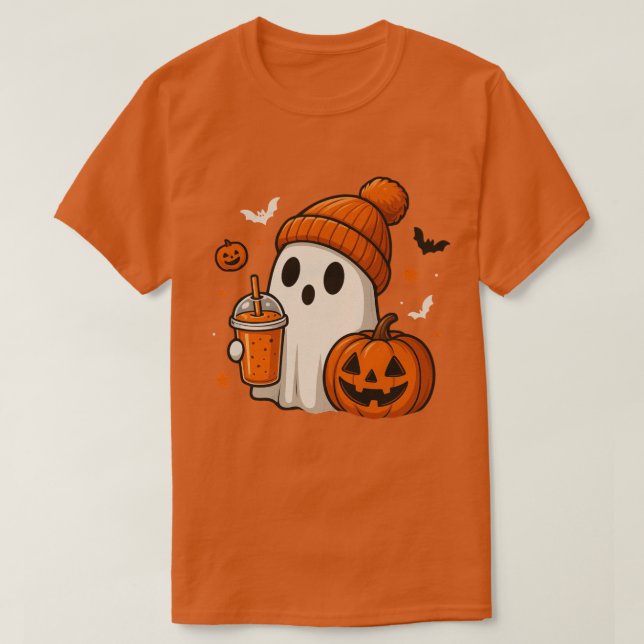 Cute Halloween Ghost med Pumpkin och Drink T Shirt (Design framsida)