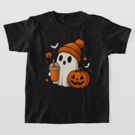 Cute Halloween Ghost med Pumpkin och Drink T Shirt